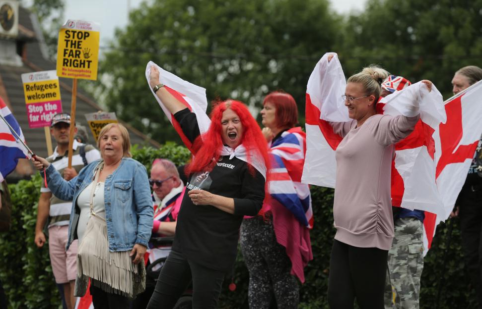 Protestors waving flags and signs at a demonstration.