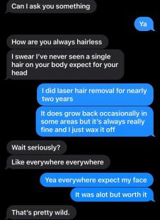 Text message conversation about laser hair removal.
