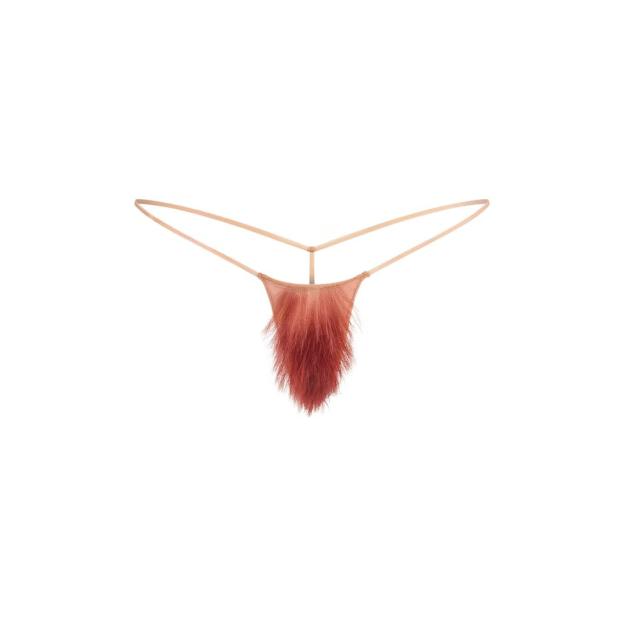 Thong with red faux fur pubic hair attached.