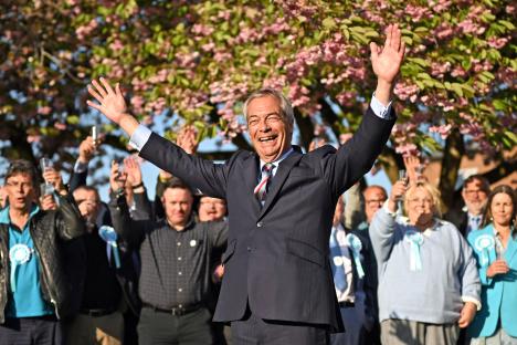Nigel Farage celebrating with supporters after election victory.