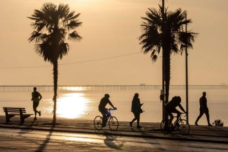 Silhouette of people exercising along a seafront during sunrise.
