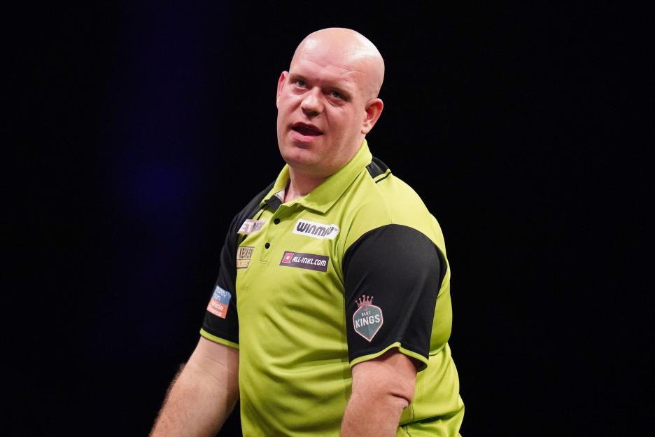 Michael van Gerwen dejected during the 2024 BetMGM Premier League Darts Play-Offs.