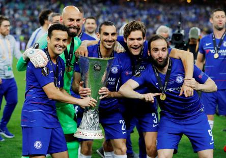 Chelsea players celebrating Europa League victory.