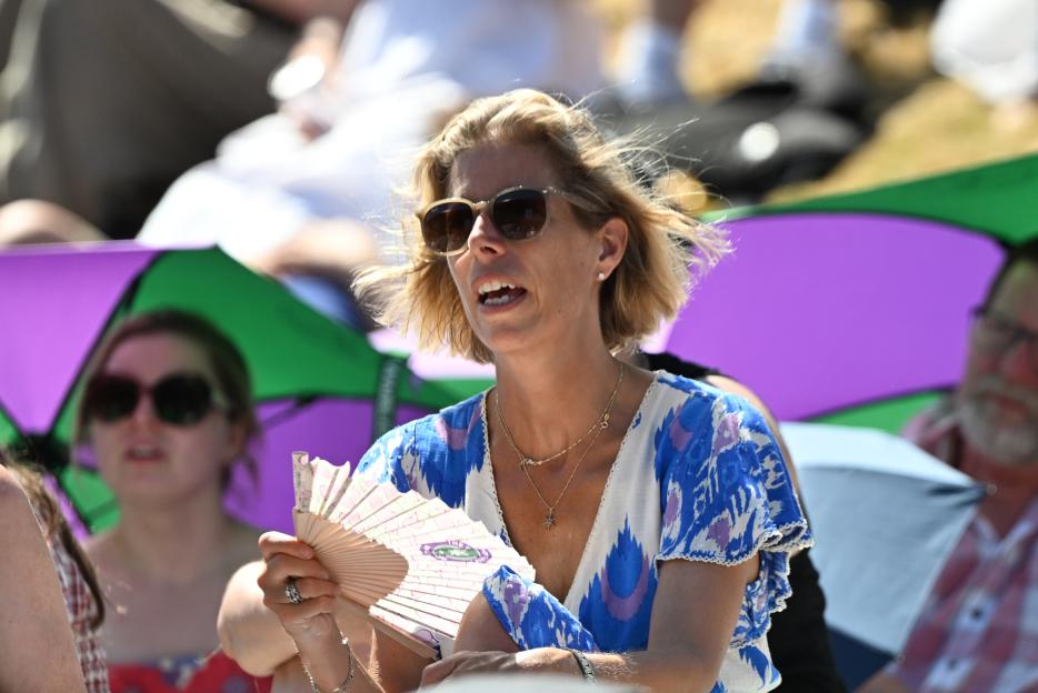 A woman in sunglasses and a patterned top, using a hand fan to cool herself, watching tennis at Wimbledon on a hot day.