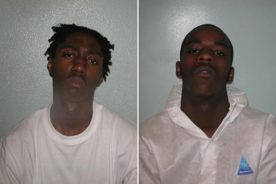 An image collage containing 2 images, Image 1 shows Mugshot of Michael Alleyne, Image 2 shows Mugshot of Jade Braithwaite in a white protective suit