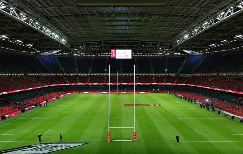 Empty rugby stadium before a match.