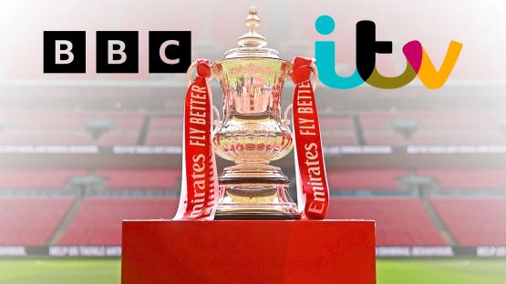 FA Cup trophy with BBC and ITV logos.