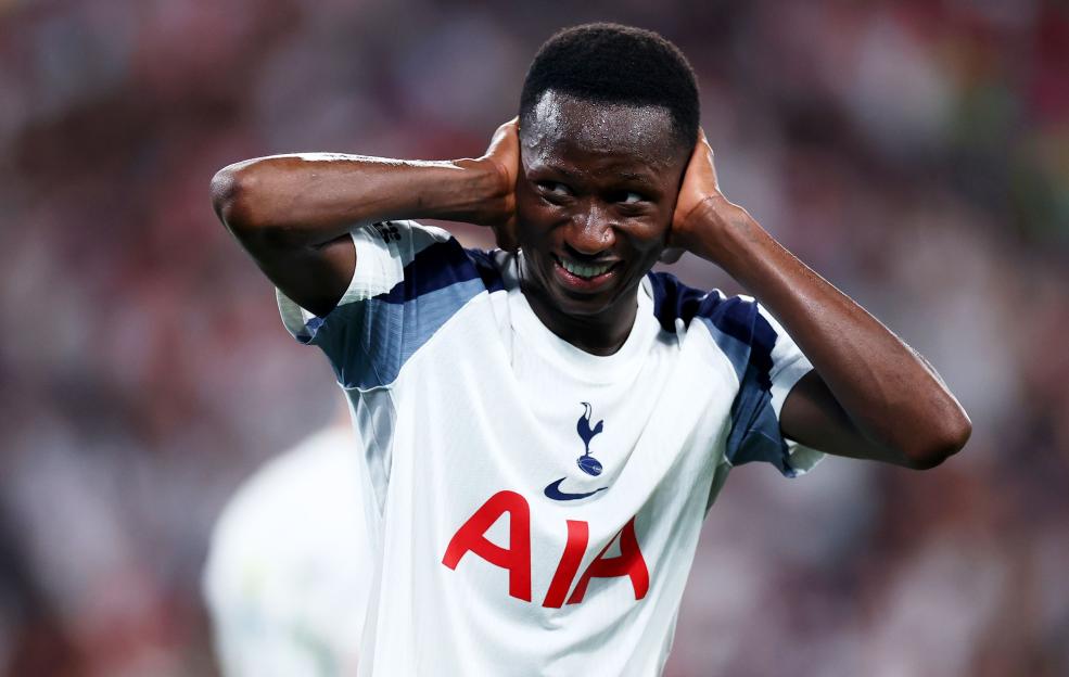 Pape Matar Sarr of Tottenham Hotspur celebrates scoring a goal.