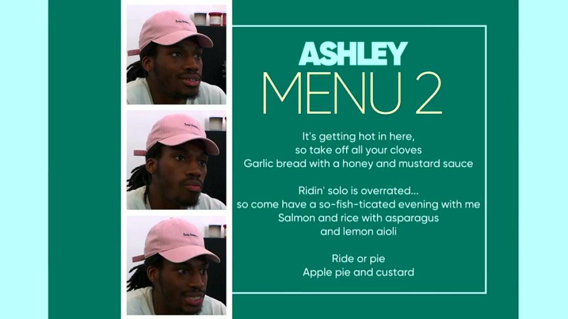 Ashley's Menu 2: Garlic bread, salmon with asparagus and lemon aioli, and apple pie with custard.