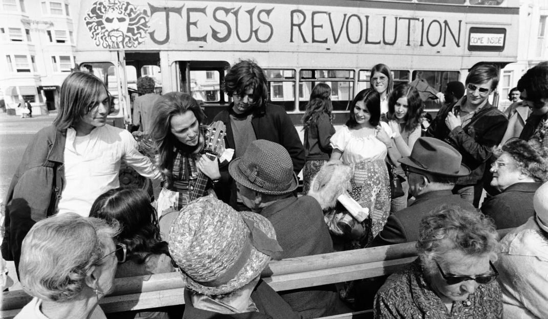 Children of God members, also known as Jesus Freaks, with their Jesus Bus in Brighton in 1971.