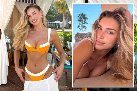 Zara McDermott shows off stunning figure in orange and white bikini amid Louis Tomlinson romance