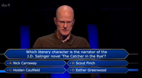 Contestant answering a question about the narrator of J.D. Salinger's *The Catcher in the Rye*.