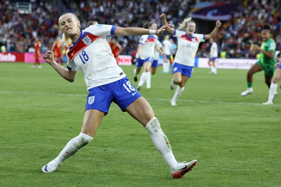 Chloe Kelly of England celebrates scoring a winning penalty.