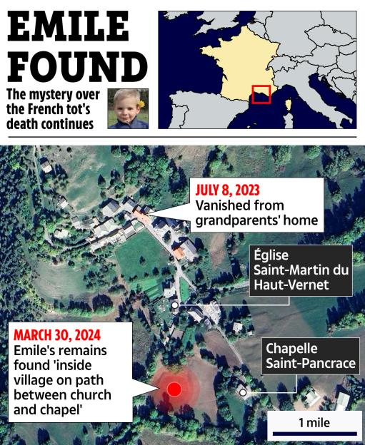 Illustration of Emile's location in France, showing where he vanished and where his remains were found.