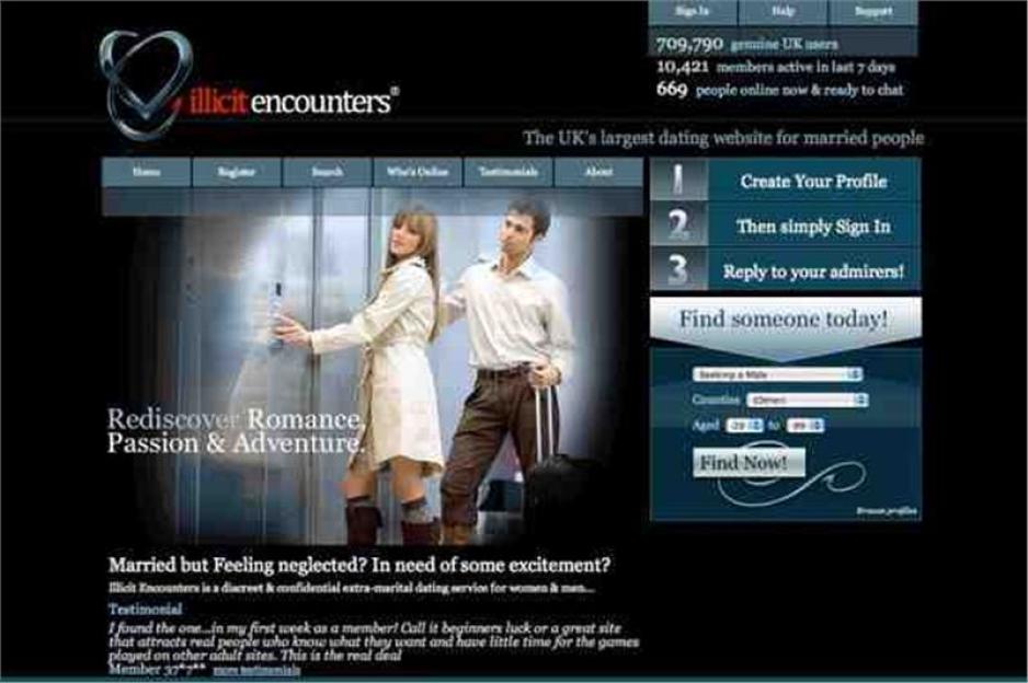 Screenshot of the Illicit Encounters dating website for married people.