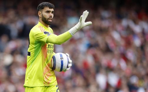Arsenal's David Raya in a soccer match.