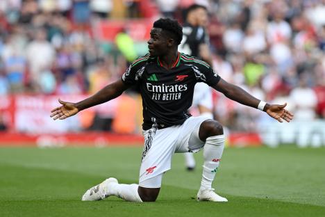Bukayo Saka of Arsenal reacting during a Premier League match.
