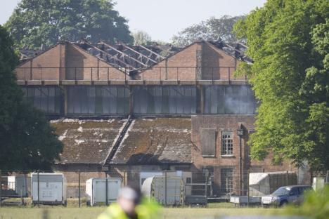 Damaged buildings following a fire at Bicester Motion, the site of a former RAF base which is home to more than 50 specialist businesses focused on classic car restoration and engineering in Oxfordshire, where a large fire broke out on Thursday, with witnesses reporting loud explosions and thick black smoke billowing from the site. Picture date: Friday May 16, 2025. PA Photo. See PA story FIRE Bicester. Photo credit should read: Andrew Matthews/PA Wire