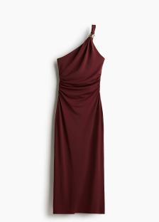 Burgundy one-shoulder midi dress with gold ring detail.