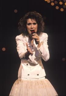 Celine Dion singing on stage at Eurovision 1988.