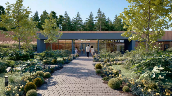 Illustration of Aqua Sana Forest Spa entrance with people walking towards it.