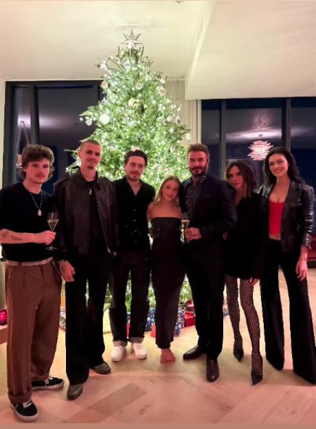 The Beckham family and friends posing for a Christmas photo in front of a large Christmas tree.