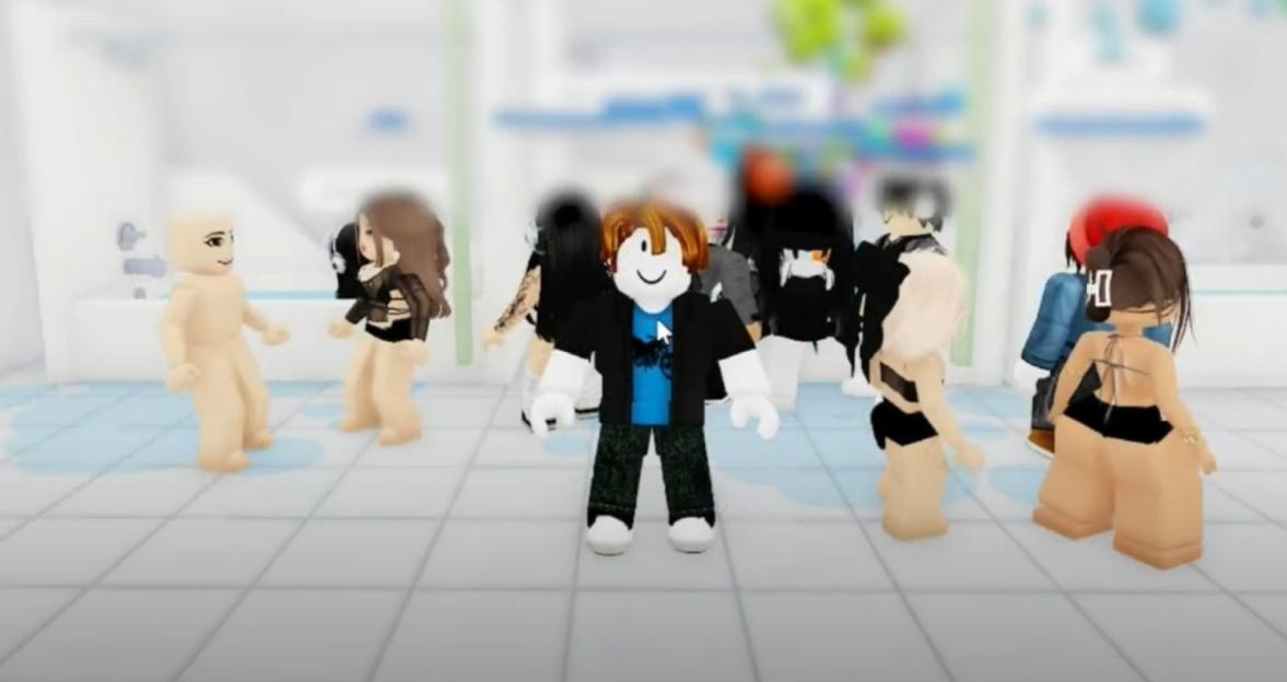 Screenshot of Roblox characters in a bathroom, illustrating allegations of sexual exploitation on the platform.