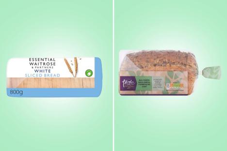 Comparison of Waitrose white sliced bread and Sainsbury's multiseed wholemeal farmhouse loaf.