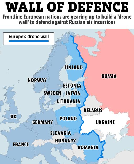 Illustration of a map of Europe highlighting countries planning to build a "drone wall" against Russia.