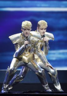 Jedward performing at the Eurovision Song Contest.