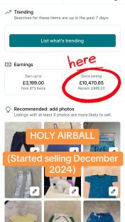 Screenshot of Vinted app showing £10,470.65 earned since joining, and examples of items sold.