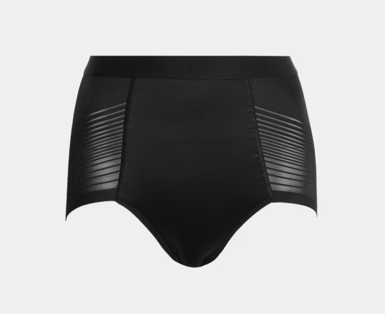 Black firm control briefs with sheer mesh panels.