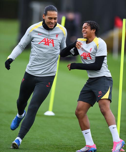 Virgil van Dijk and Rio Ngumoha at Liverpool training.