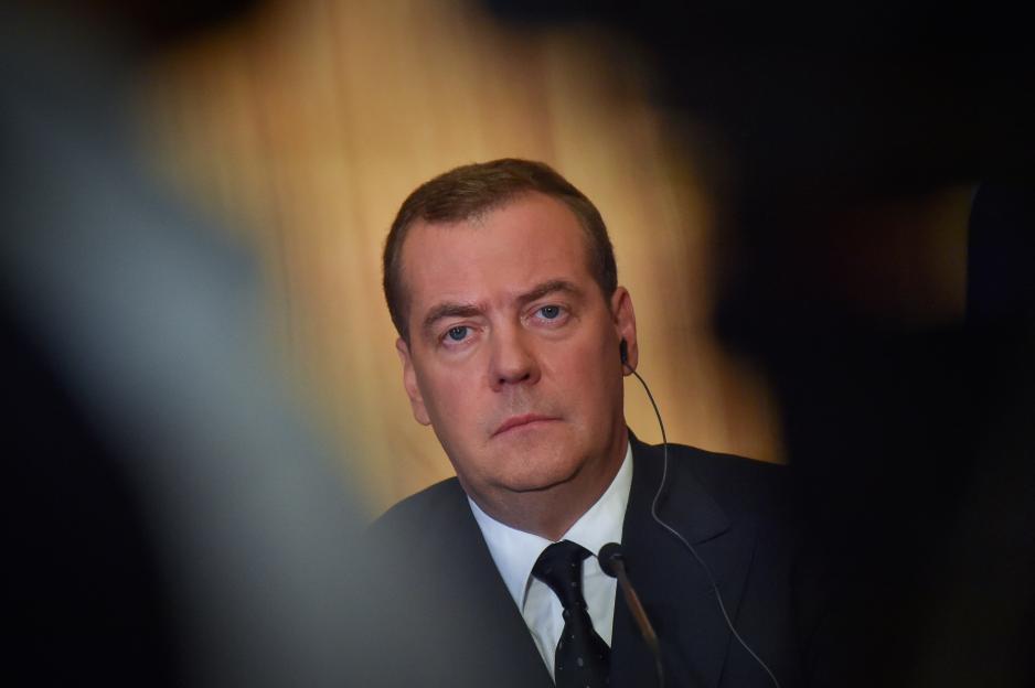 Photo of Dmitry Medvedev at a press conference.