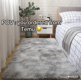 Temu plush rug order; product image shows a grey rug in a bedroom.