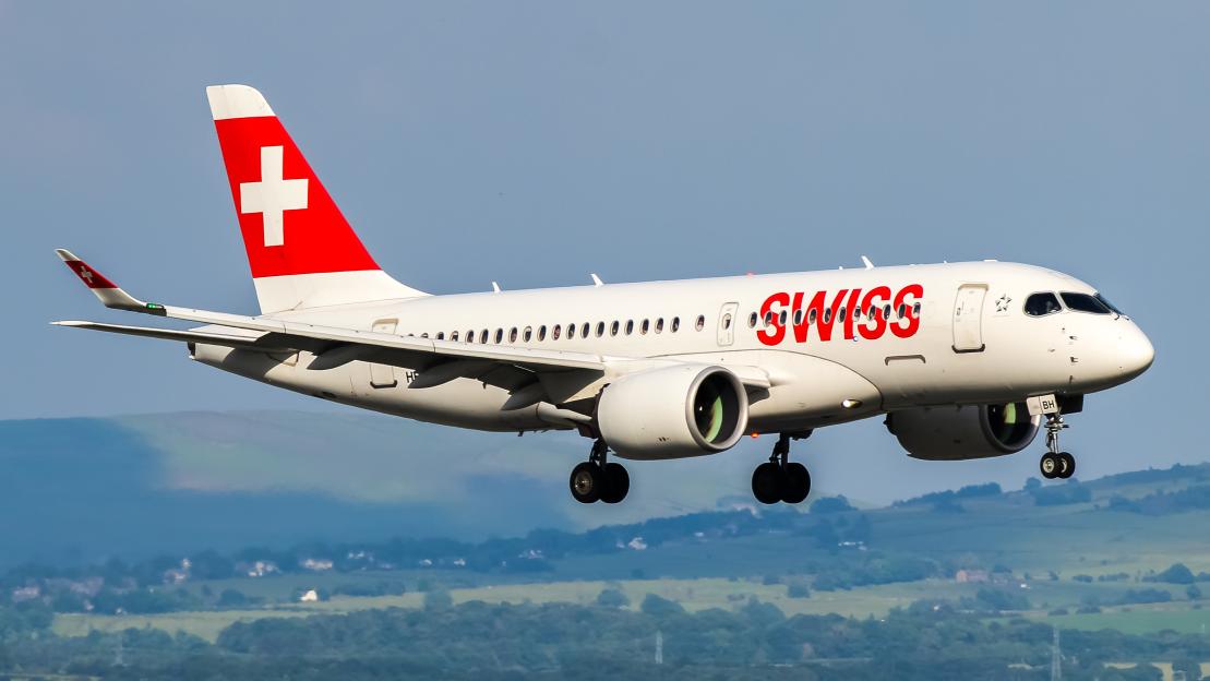 Swiss International Air Lines Airbus A220 landing.