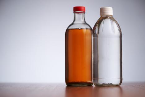 Bottles of apple cider vinegar and white vinegar.