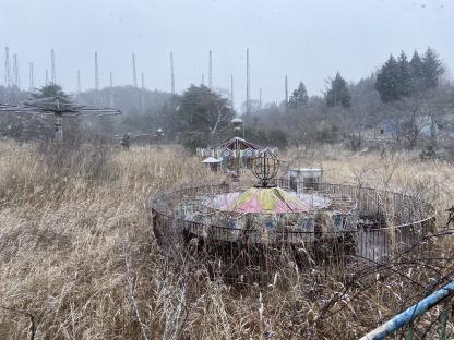 Overgrown carousel in abandoned Japanese theme park.