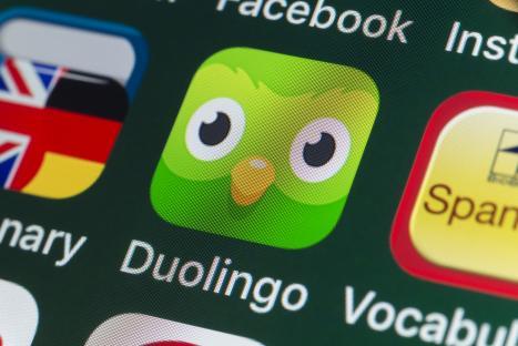 Close-up of the Duolingo app icon on an iPhone screen.