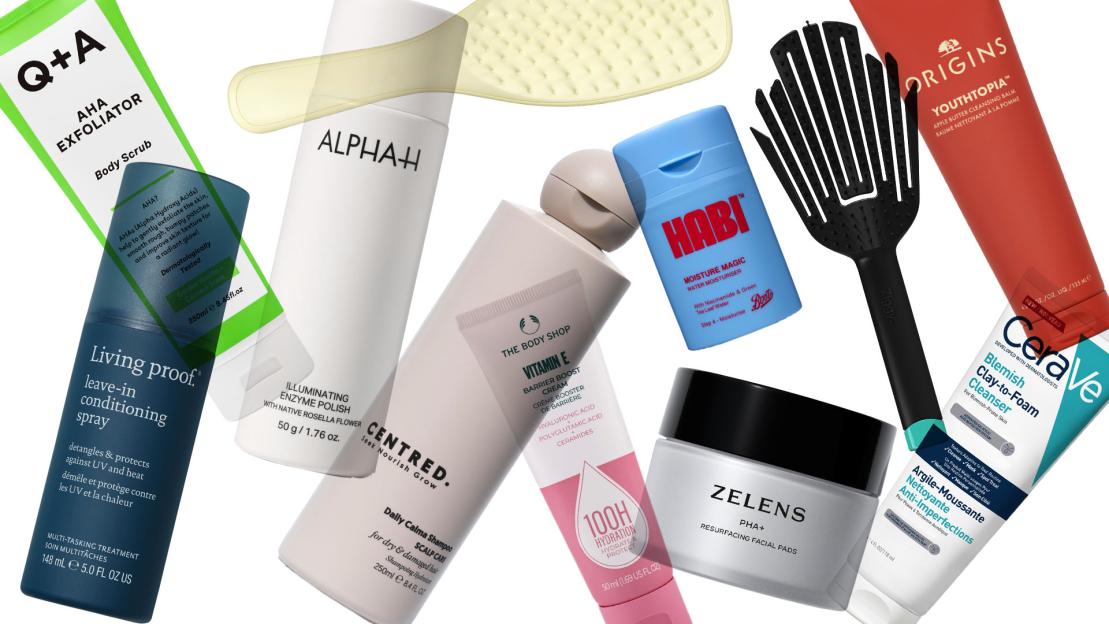 Collage of various beauty and skincare products including cleansers, exfoliators, creams, and hair products.