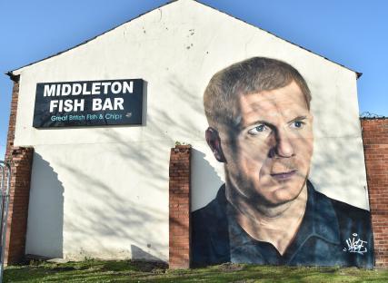 Mural of former Manchester United and England player on Middleton Fish Bar.