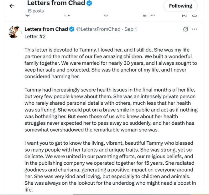 Screenshot of a tweet showing a letter from Chad Daybell, detailing his late wife's health struggles and personality.