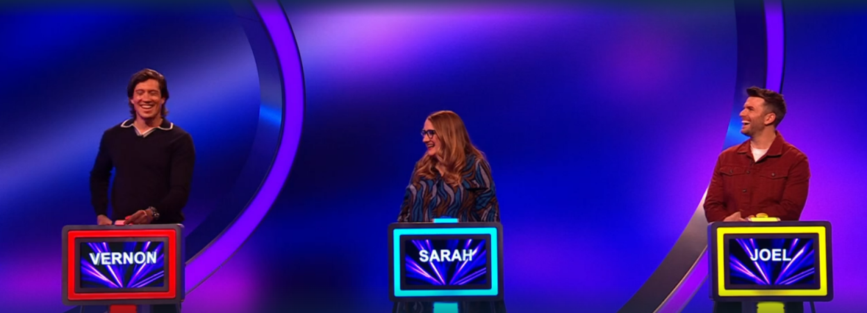 Three contestants, Vernon, Sarah, and Joel, on a game show.