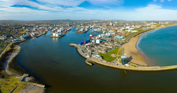 Aerial view of Aberdeen harbor and port.