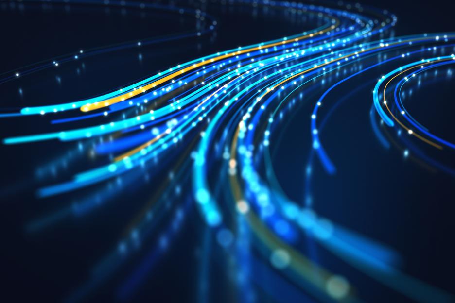 Illustration of flowing light trails representing network data.