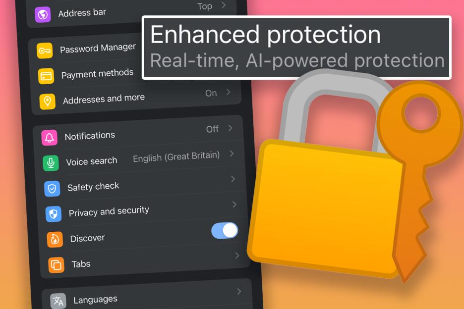 Illustration of a padlock and key over a phone screen showing enhanced protection settings.