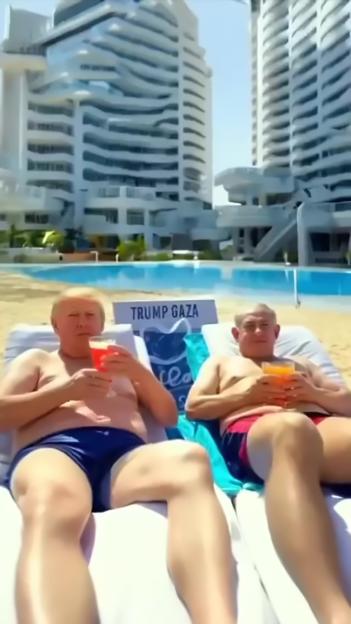 AI-generated image of Donald Trump and Benjamin Netanyahu relaxing on a beach in Gaza.