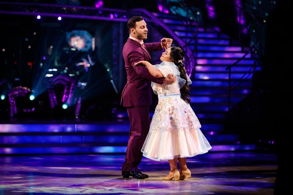 Ellie Goldstein and Vito Coppola dancing on the Strictly Come Dancing stage.
