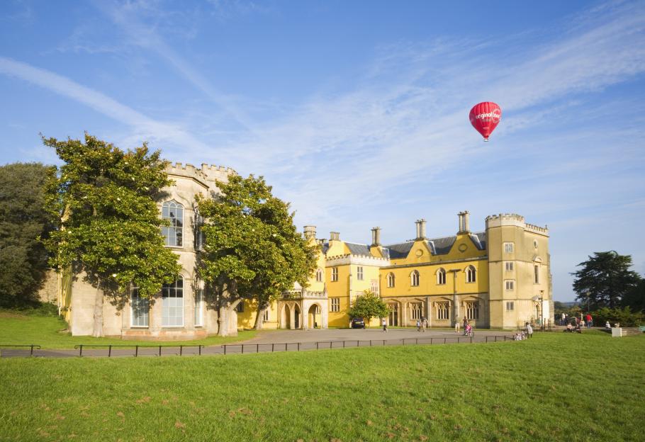 Hot air balloon over Ashton Court Mansion.