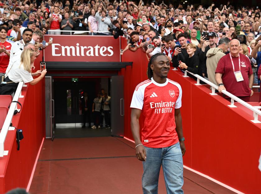 Eberechi Eze, Arsenal's newest signing, is introduced to cheering fans.